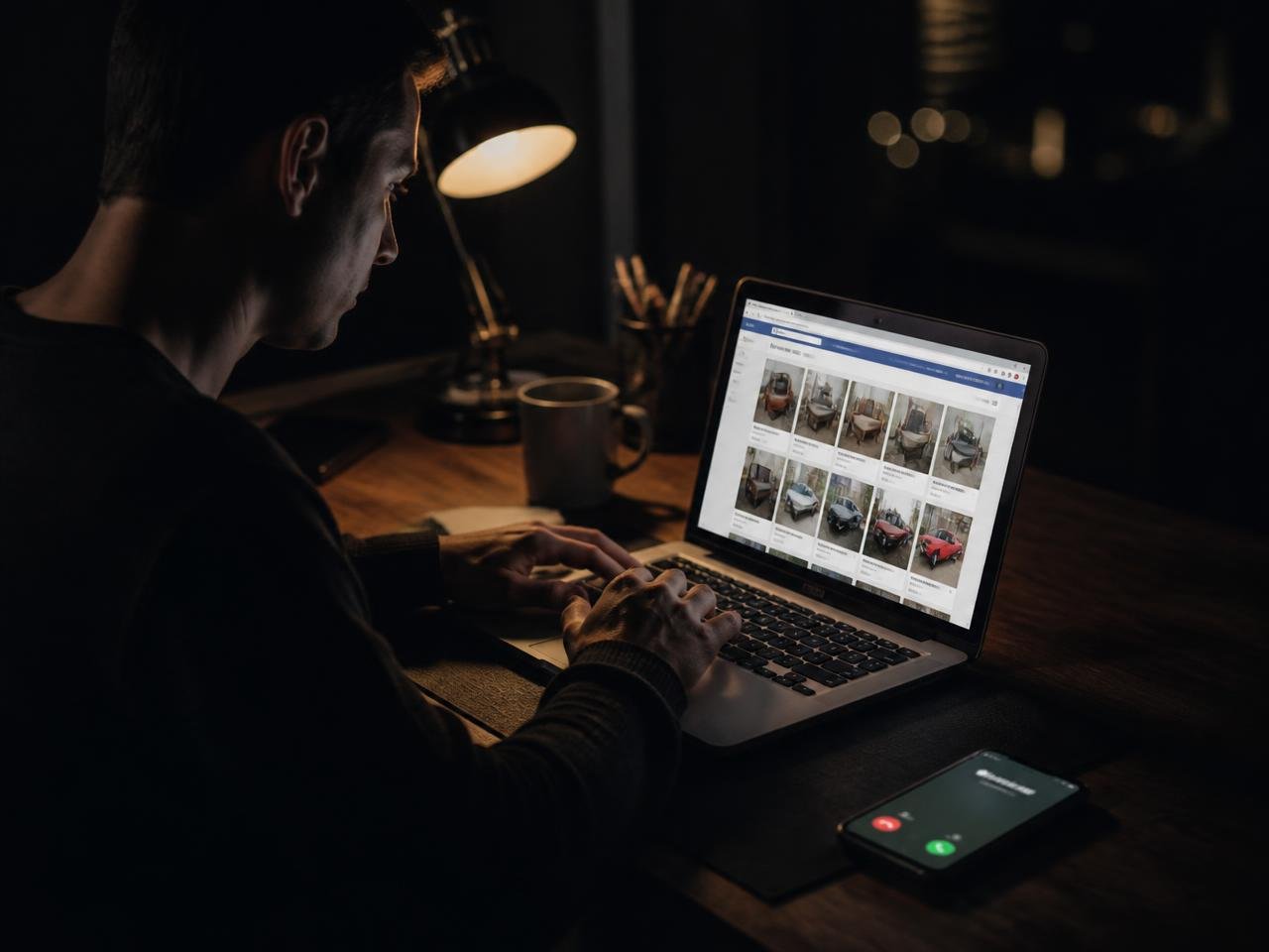 Beginner marketer working at night on a laptop with Facebook Marketplace listings while a phone rings — the struggle before learning pay per call